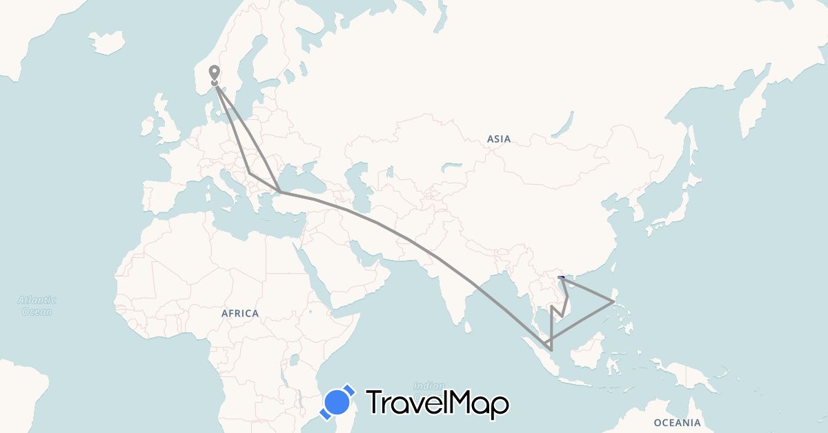 TravelMap itinerary: driving, plane in Cambodia, Malaysia, Norway, Philippines, Serbia, Singapore, Turkey, Vietnam (Asia, Europe)